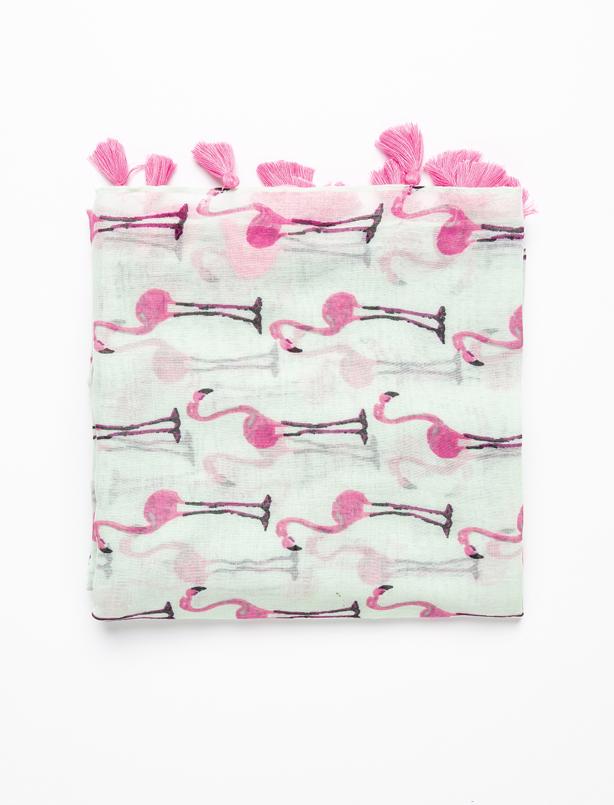 Bayan Ekru Flamingo Desenli Fular