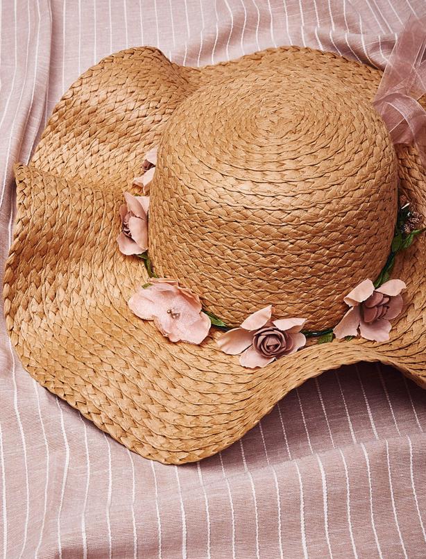 Bayan Haki Organze Kurdelalı ve Çiçek Detaylı Hasır Şapka