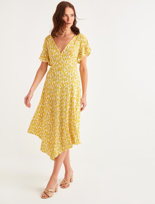 Bayan Sarı V Yaka Desenli Asimetrik Elbise