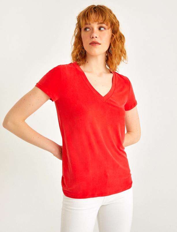 Bayan Kırmızı V Yaka Basic Cupro T-Shirt
