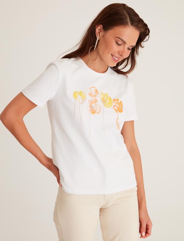 Bayan Beyaz Soft Çiçek Desenli Pamuk Tişört