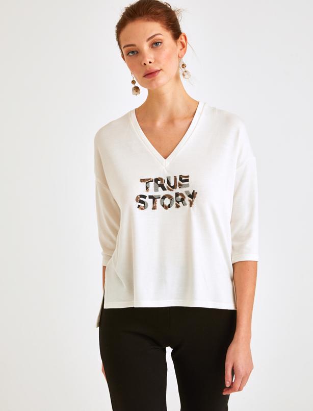 Bayan Ekru True Story Baskılı V Yaka T-shirt