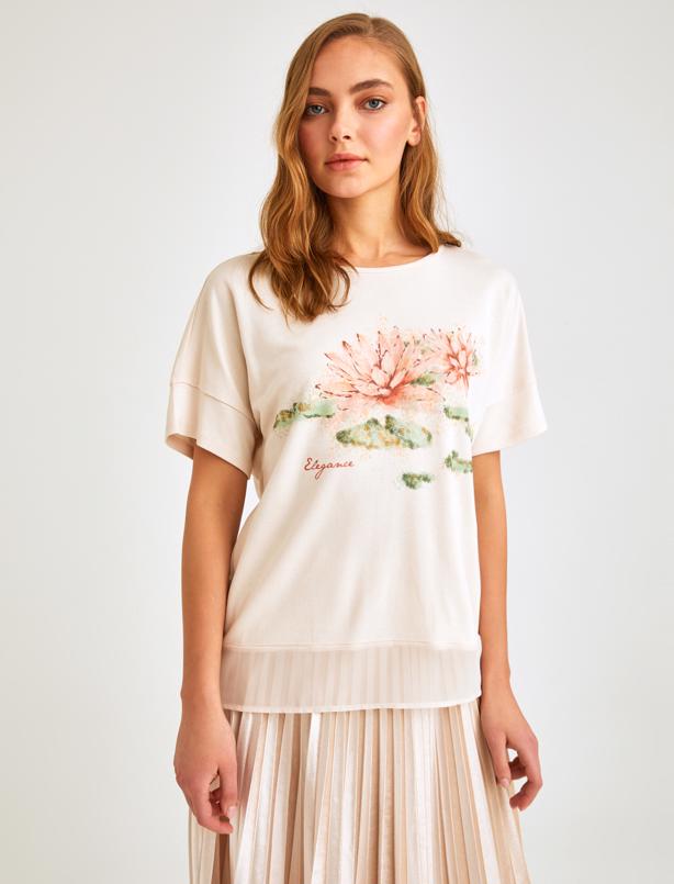 Bayan Ekru Etek ve Kol Ucu Detaylı Çiçek Baskılı T-shirt