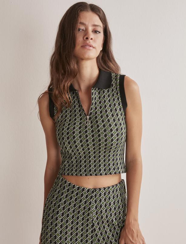 Bayan Yeşil Geometrik Desenli Kolsuz Gömlek Yaka Bluz