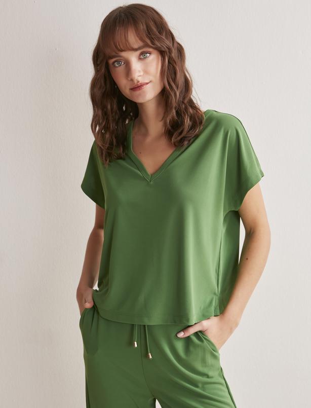 Bayan Yeşil V Yaka Kısa Kollu Örme Bluz