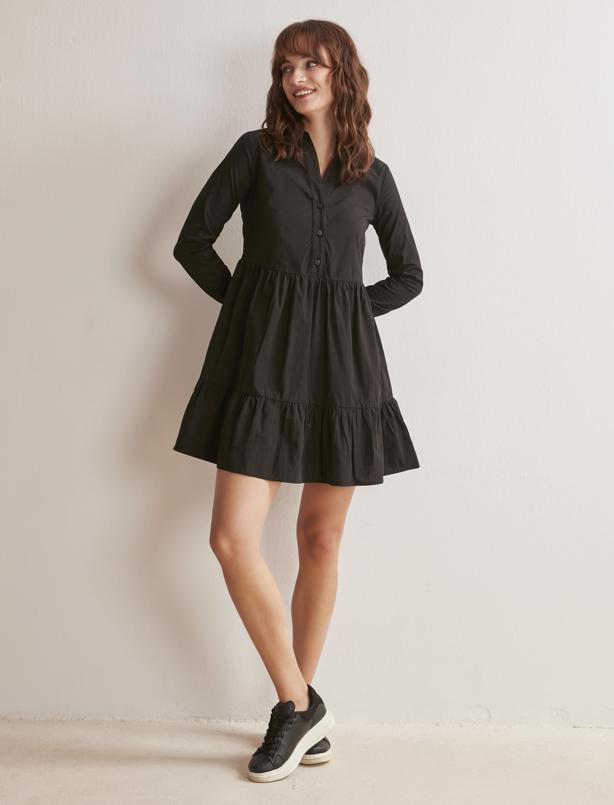 Bayan Siyah Bol Kesim Gömlek Yaka Düğmeli Kloş Elbise