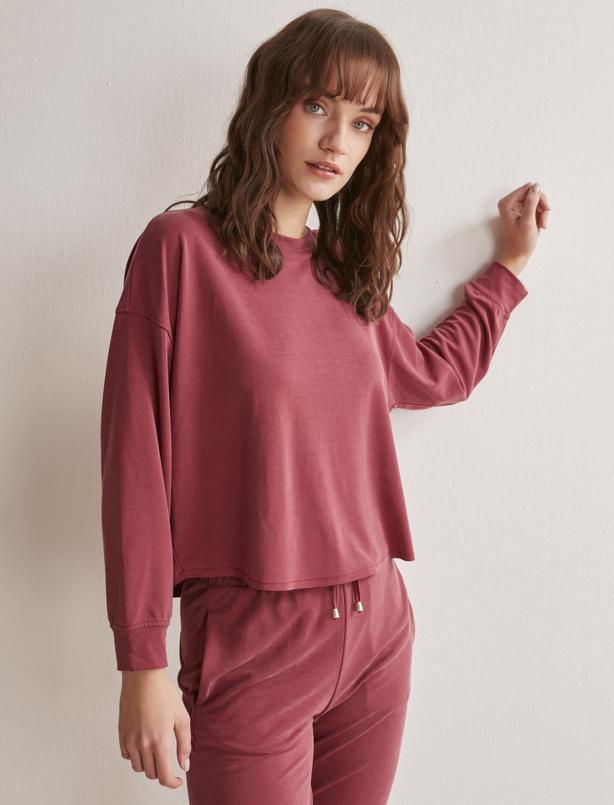 Bayan Bordo Bol Kesim Uzun Kollu Bisiklet Yaka Sweatshirt