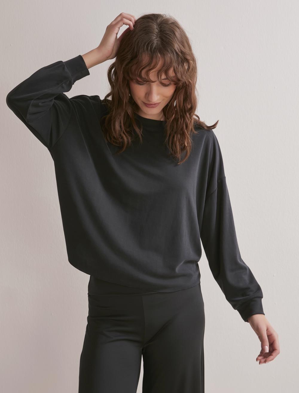 Bayan Siyah Bol Kesim Uzun Kollu Bisiklet Yaka Sweatshirt