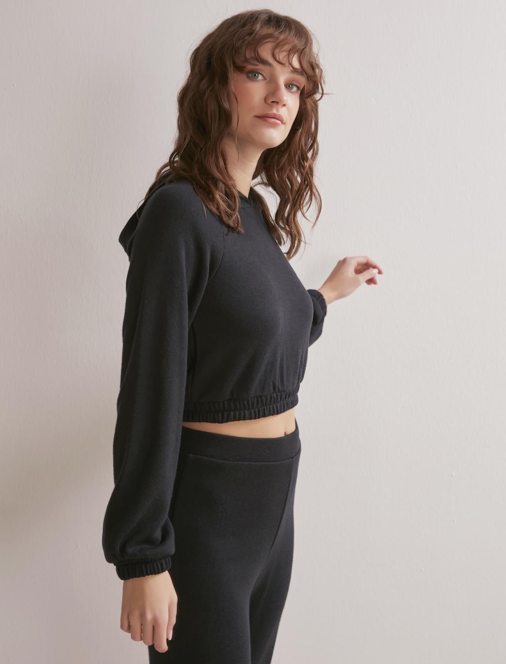 Bayan Siyah Bol Kesim Beli Lastikli Kapüşonlu Kısa Sweatshirt