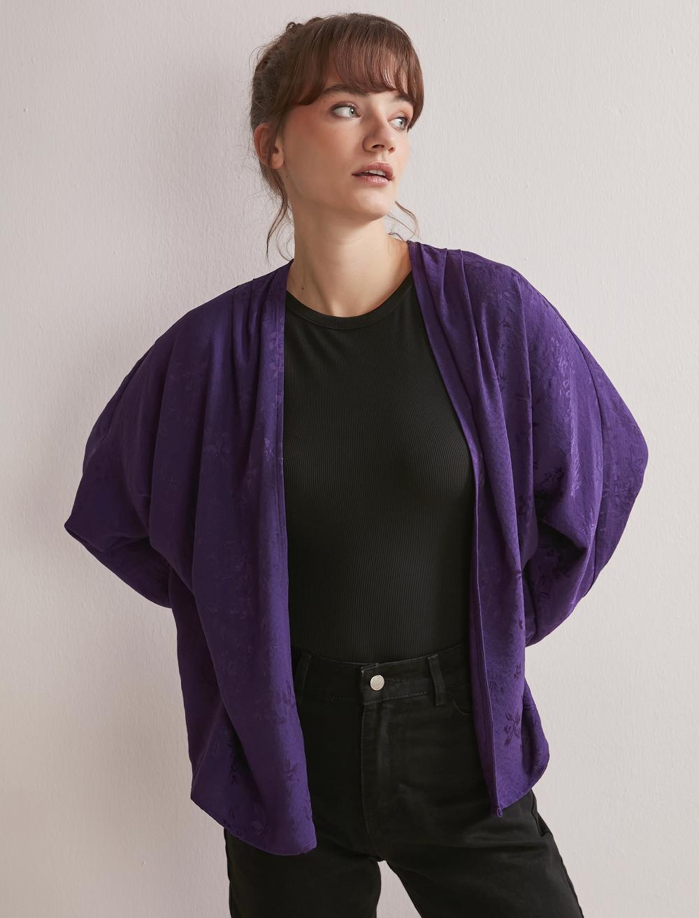 Bayan Mor Bol Kesim Açık Yaka Çiçek Desenli Kimono