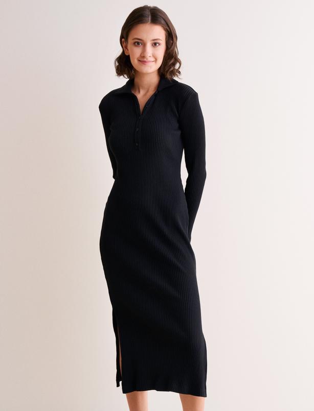 Bayan Siyah Dar Kesim Uzun Kollu Gömlek Yaka Örme Elbise