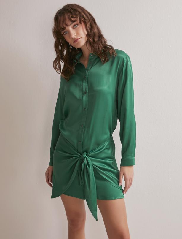 Bayan Yeşil Önden Bağlamalı Düğmeli Saten Mini Elbise