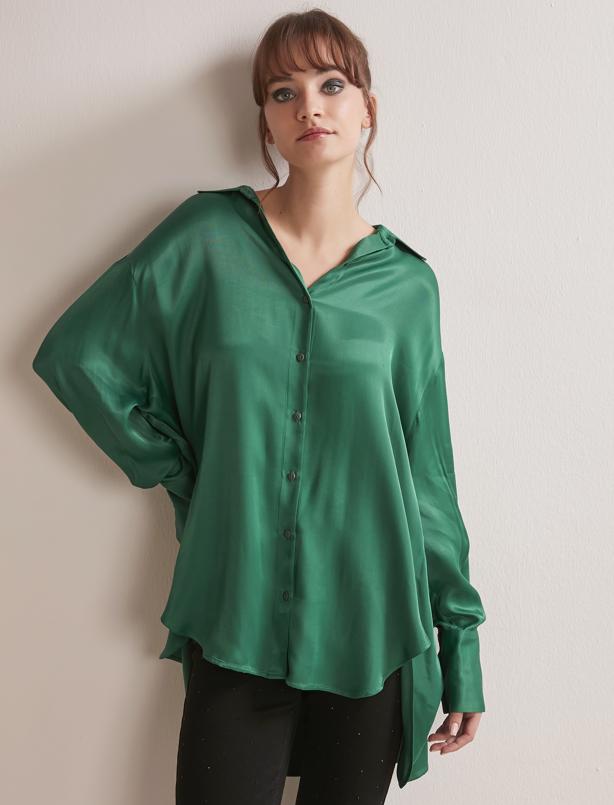 Bayan Yeşil Bol Kesim Uzun Kollu Saten Gömlek