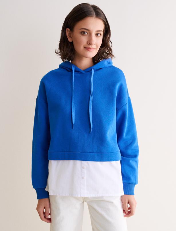 Bayan Mavi Kapüşonlu Gömlek Detaylı Uzun Kollu Sweatshirt