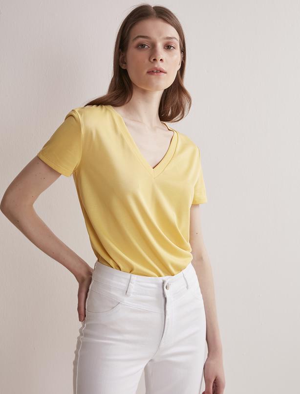 Bayan Sarı V Yaka Basic Modal Tişört