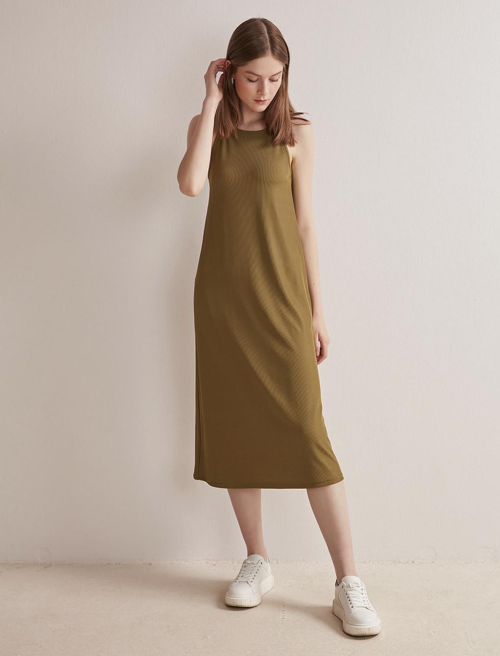 Bayan Haki Halter Yaka Maxi Boy Elbise