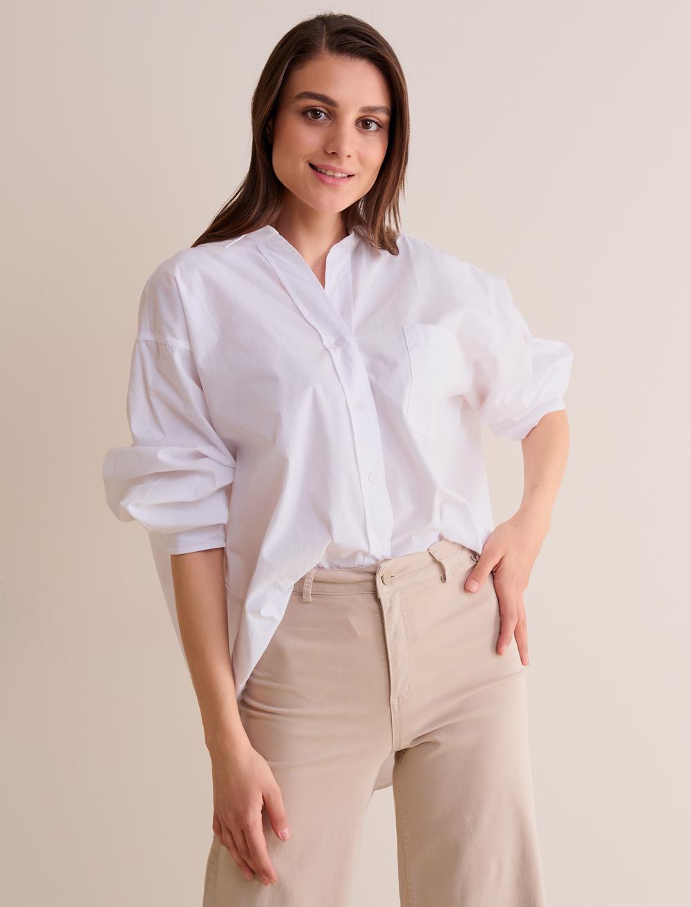Bayan Beyaz Oversize Basic Tek Cepli %100 Pamuk Poplin Gömlek