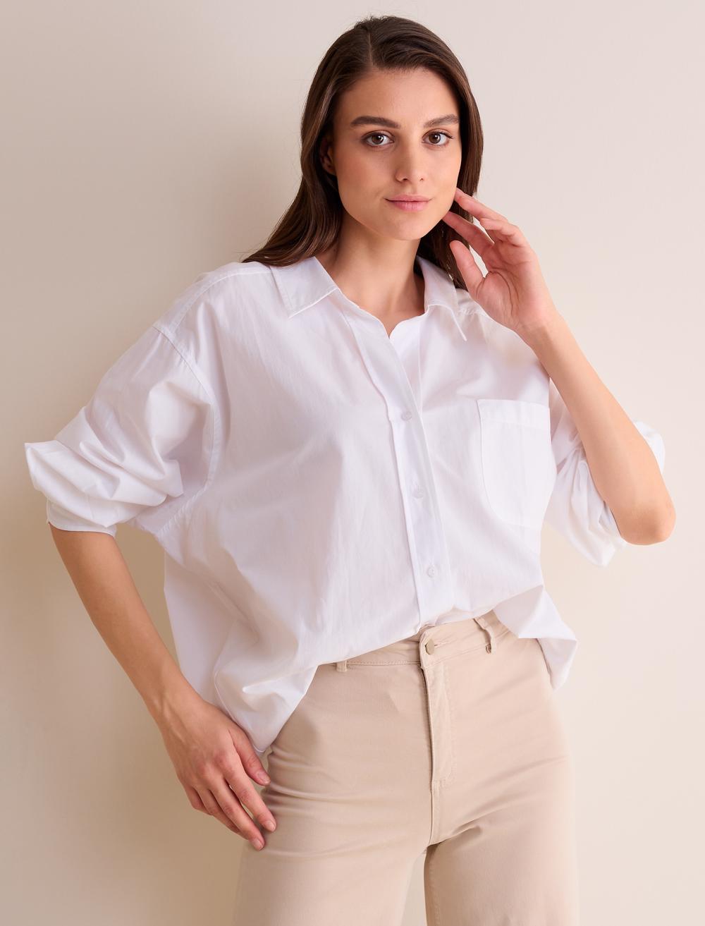 Bayan Beyaz Oversize Basic Tek Cepli %100 Pamuk Poplin Gömlek