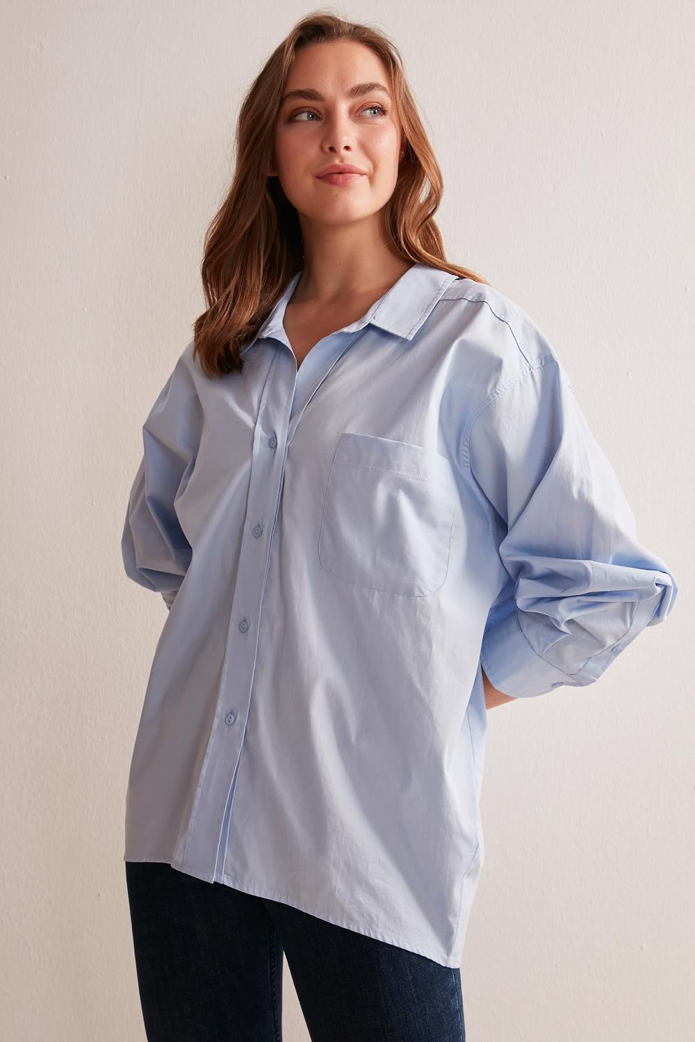 Bayan Mavi Oversize Basic Tek Cepli %100 Pamuk Poplin Gömlek