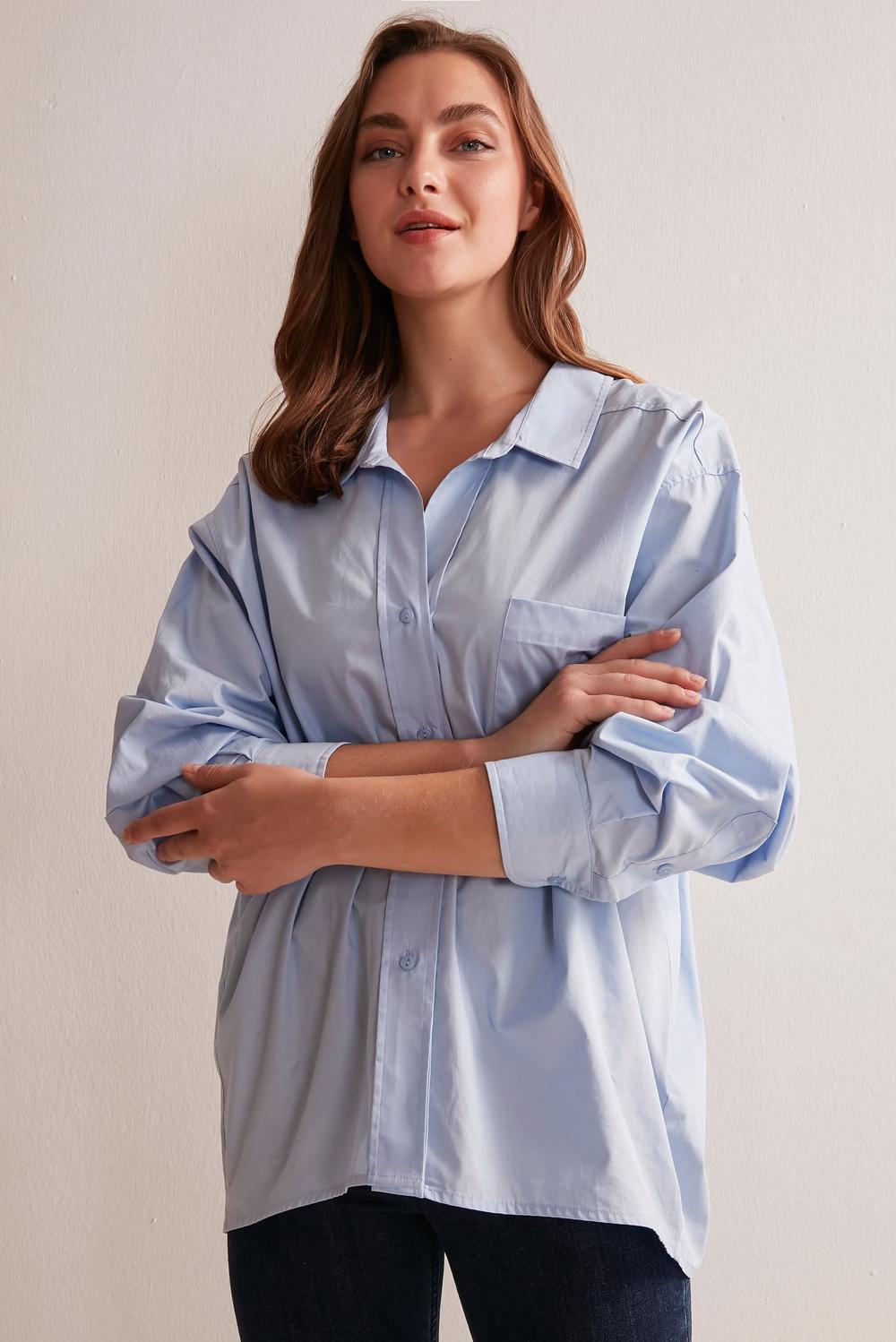 Bayan Mavi Oversize Basic Tek Cepli %100 Pamuk Poplin Gömlek