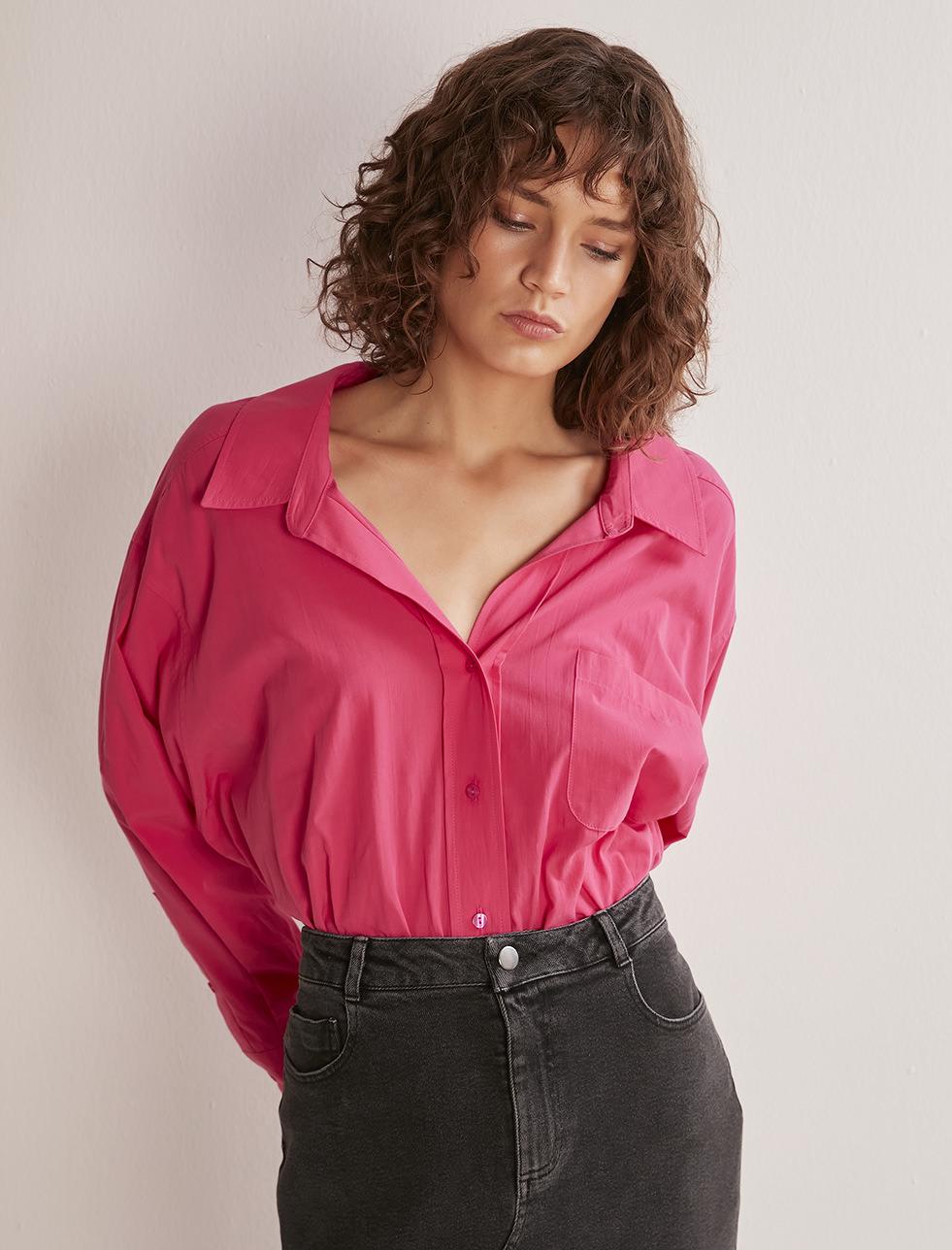 Bayan Pembe Oversize Basic Tek Cepli %100 Pamuk Poplin Gömlek