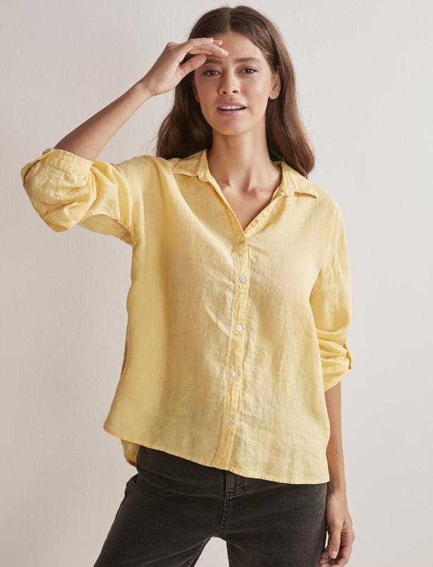 Bayan Sarı Düz Kesim Basic Keten Gömlek