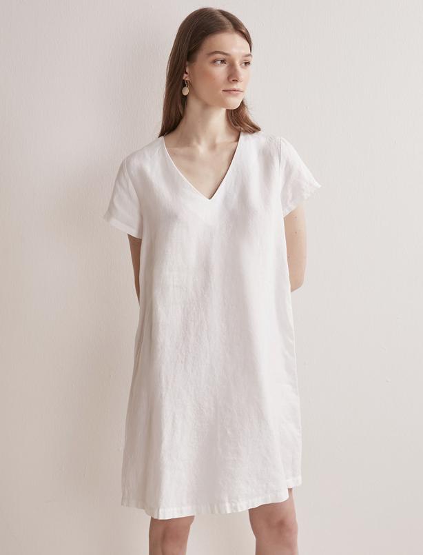 Bayan Beyaz V Yaka Kısa Kollu Mini Keten Elbise