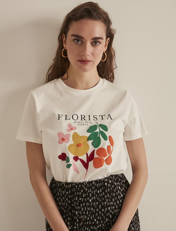 Bayan Ekru Floral Baskılı Yuvarlak Yaka T-shirt