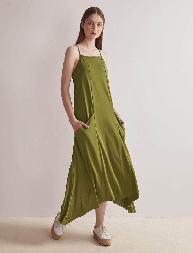 Bayan Yeşil Cep Detaylı Asimetrik Modal Elbise