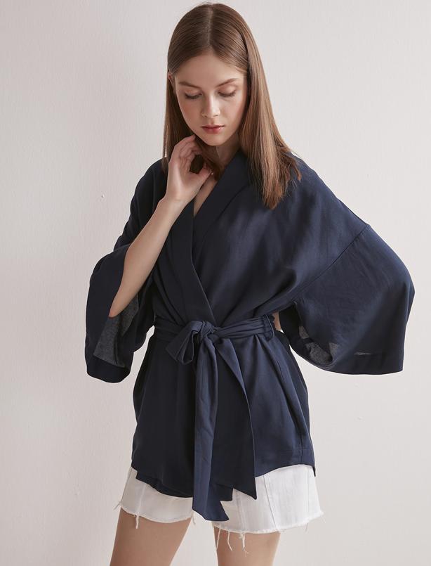 Bayan Denizci Mavisi Beli Kuşaklı Keten Karışımlı Transparan Kimono
