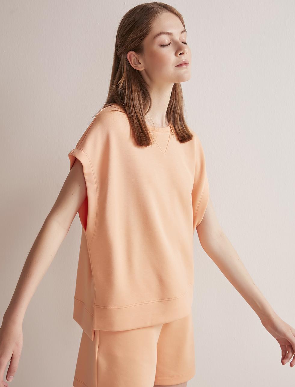 Bayan Somon Pembe Bisiklet Yaka Düşük Kollu Örme Sweatshirt