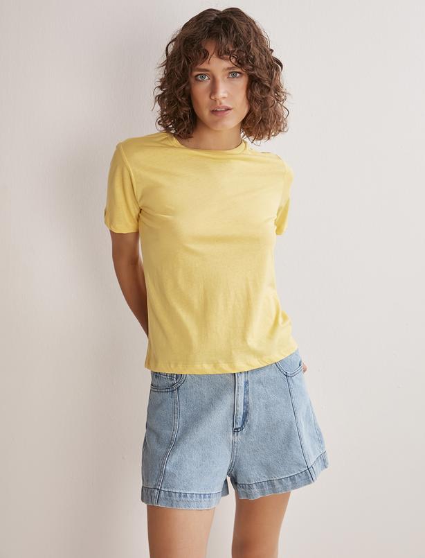 Bayan Sarı Yuvarlak Yaka Basic T-shirt