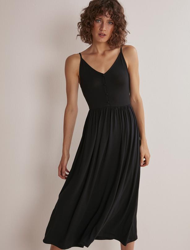 Bayan Siyah Askılı V Yaka Düğme Detaylı Midi Elbise