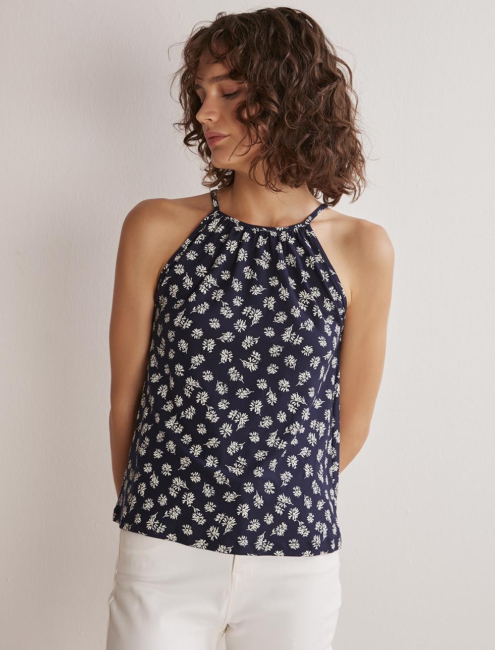 Bayan Lacivert Halter Yaka Floral Desenli Askılı Bluz