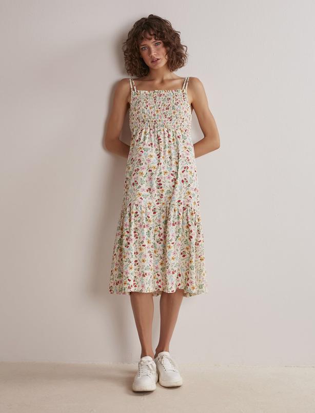 Bayan Ekru Çift İnce Askılı Gipeli Floral Desenli Elbise