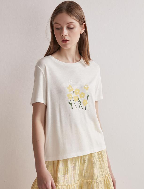 Bayan Ekru Floral ve Çiçek Baskılı Yuvarlak Yaka T-shirt
