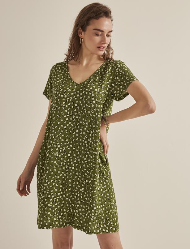 Bayan Yeşil Çiçek Desenli V Yaka Kısa Kollu Elbise