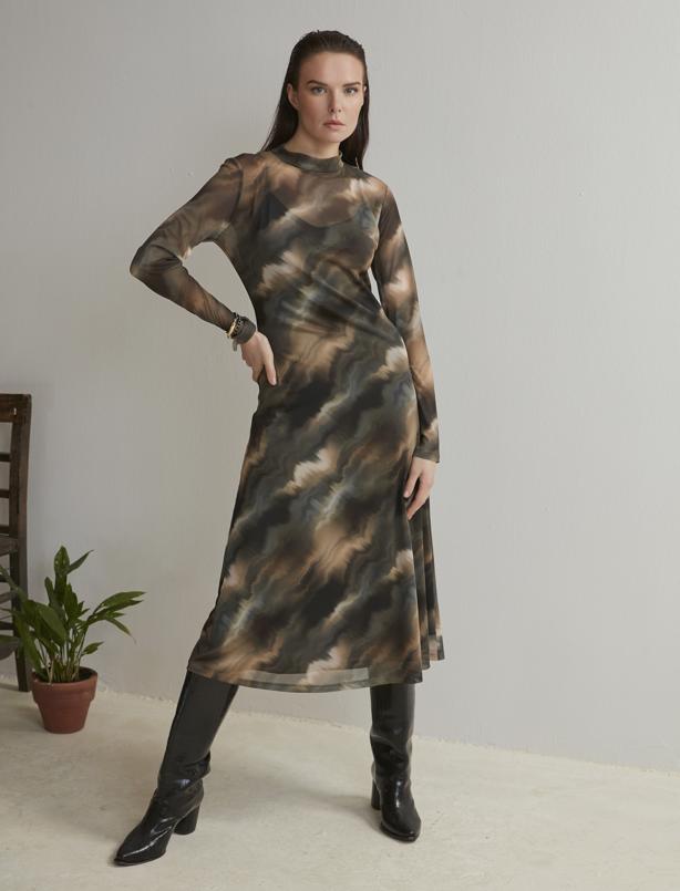 Bayan Haki Uzun Kollu Batik Desenli Elbise