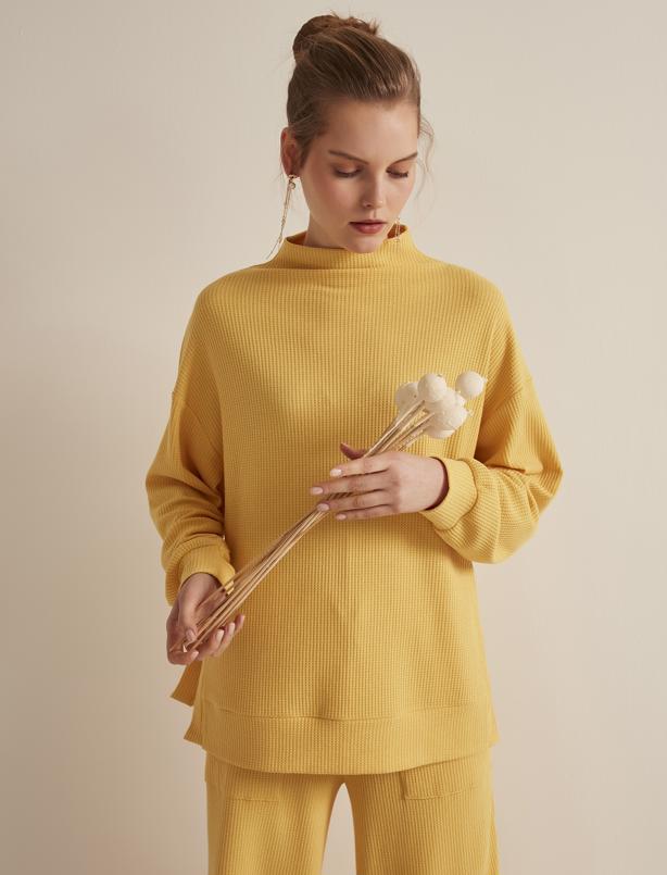 Bayan Sarı Dik Yaka Oversize Sweatshirt