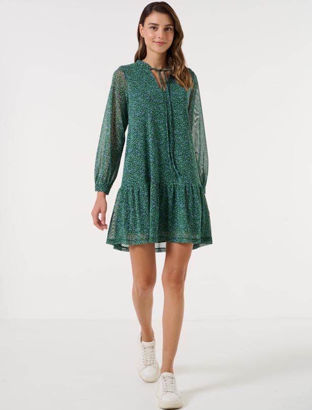 Bayan Yeşil Düz Kesim V Yaka Uzun Kollu Çiçek Desenli Elbise