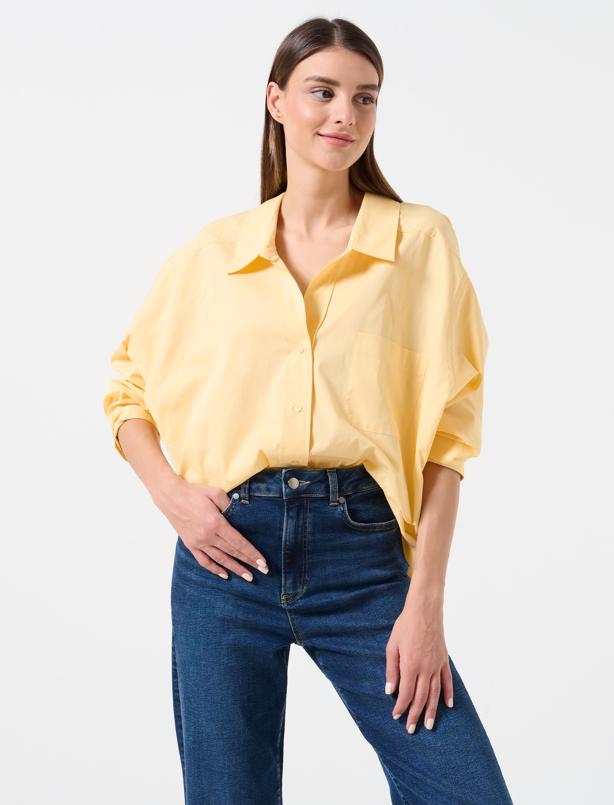 Bayan Sarı Bol Kesim Pamuklu Basic Poplin Gömlek