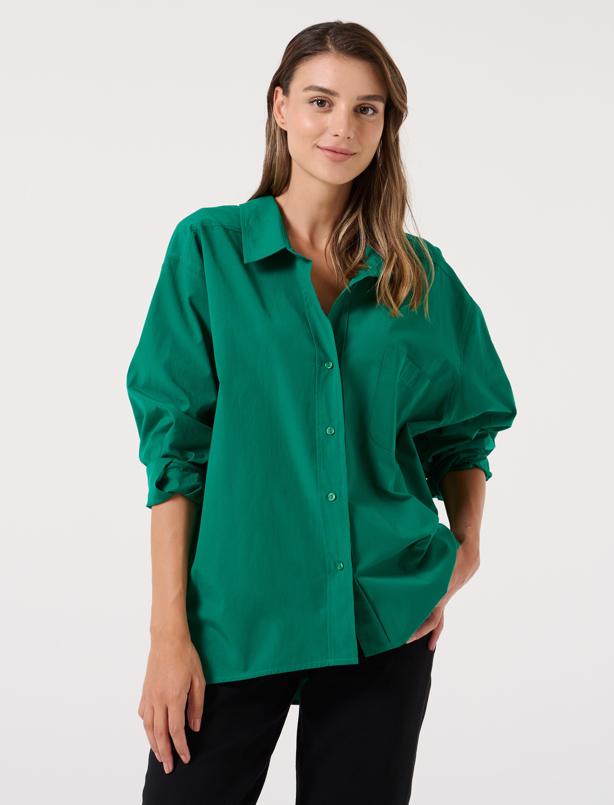 Bayan Yeşil Bol Kesim Arkası Uzun %100 Pamuk Basic Gömlek