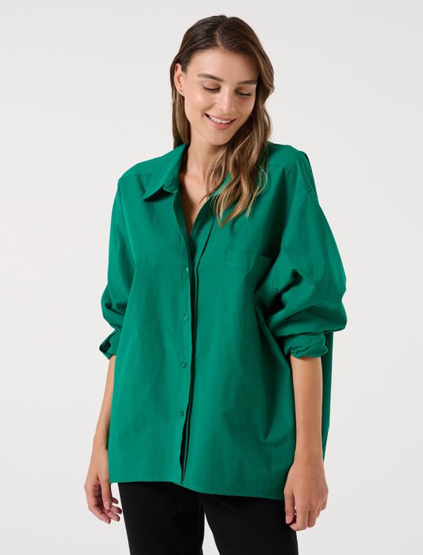Bayan Yeşil Bol Kesim Pamuklu Basic Poplin Gömlek