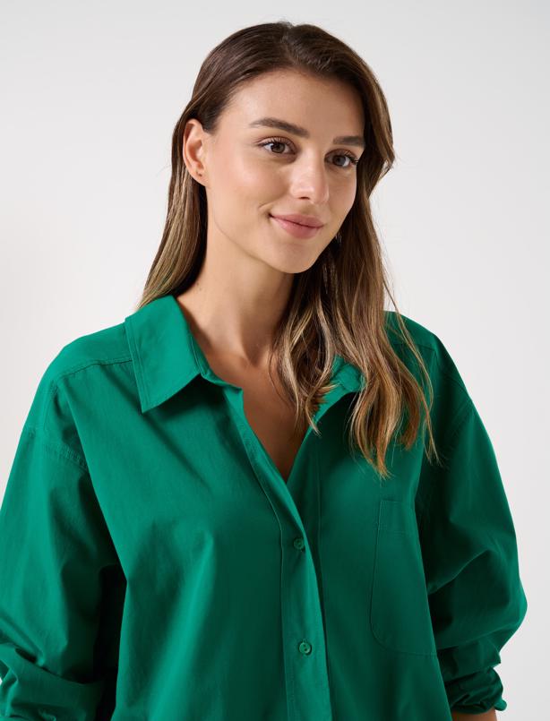 Bayan Yeşil Bol Kesim Pamuklu Basic Poplin Gömlek