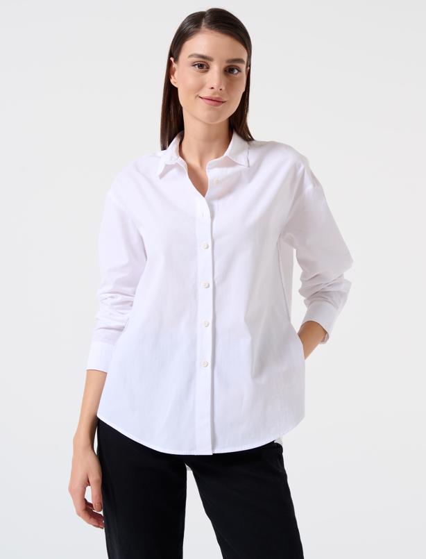 Bayan Beyaz Bol Kesim Arkası Uzun %100 Pamuk Basic Gömlek