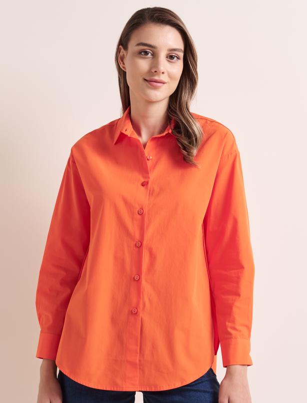 Bayan Turuncu Bol Kesim Pamuklu Basic Poplin Gömlek