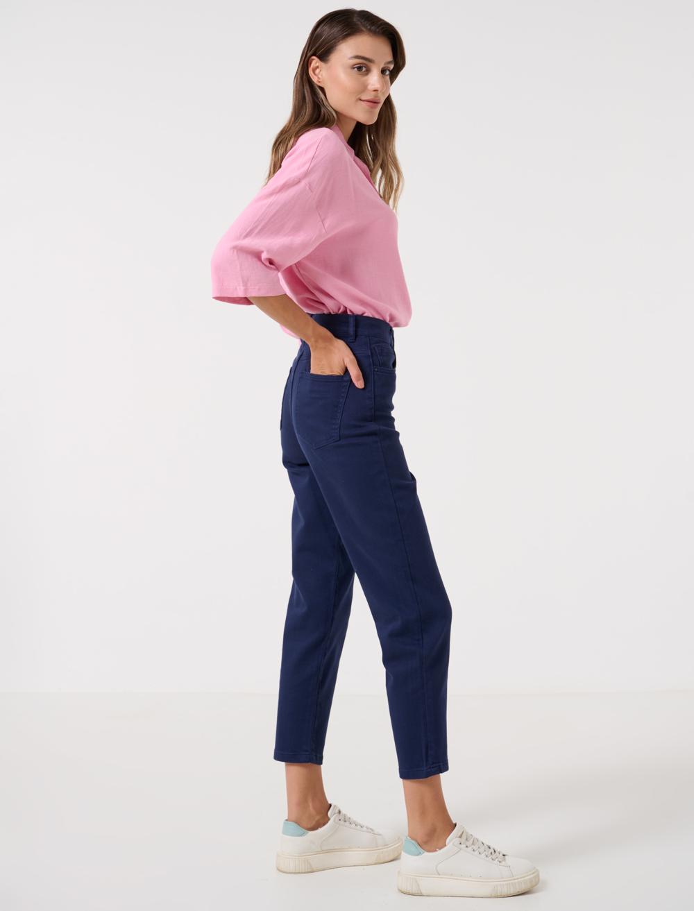 Bayan Lacivert Düz Kesim Denim Yüksek Bel Jean Kot Pantolon