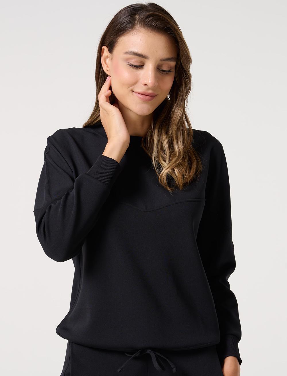 Bayan Siyah Düz Kesim Bisiklet Yaka Rahat Uzun Kollu Sweatshirt