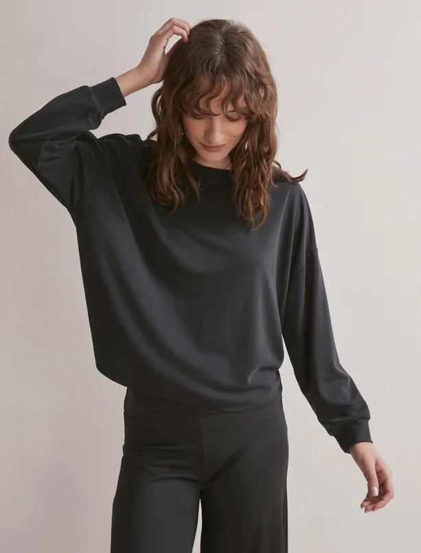 Women Black Loose Fit Long Sleeve Casual Crew Neck Sweatshirt