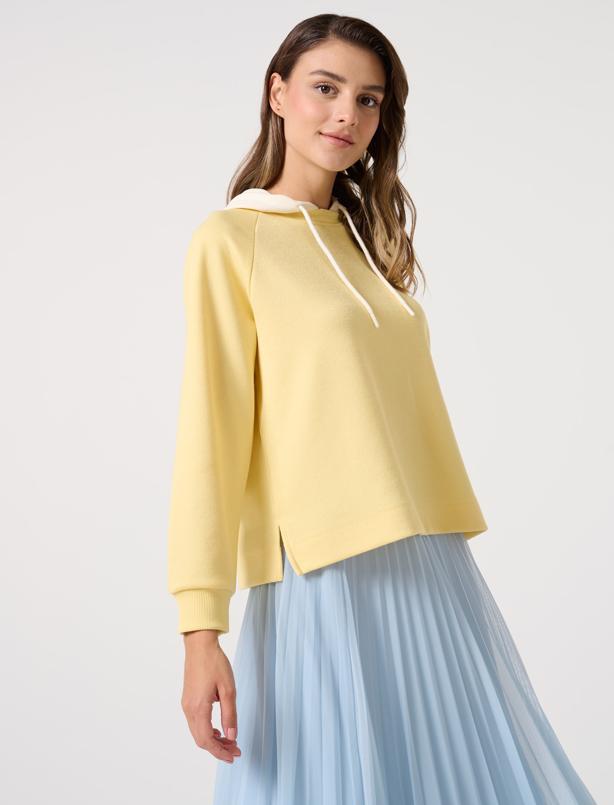 Bayan Sarı Düz Kesim Uzun Kollu Kapüşonlu Örme Sweatshirt